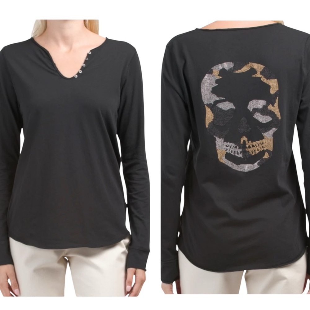 GUC Zadig & Voltaire Tunisien Long Sleeve Henley Beaded Camo Skull Cotton Tee